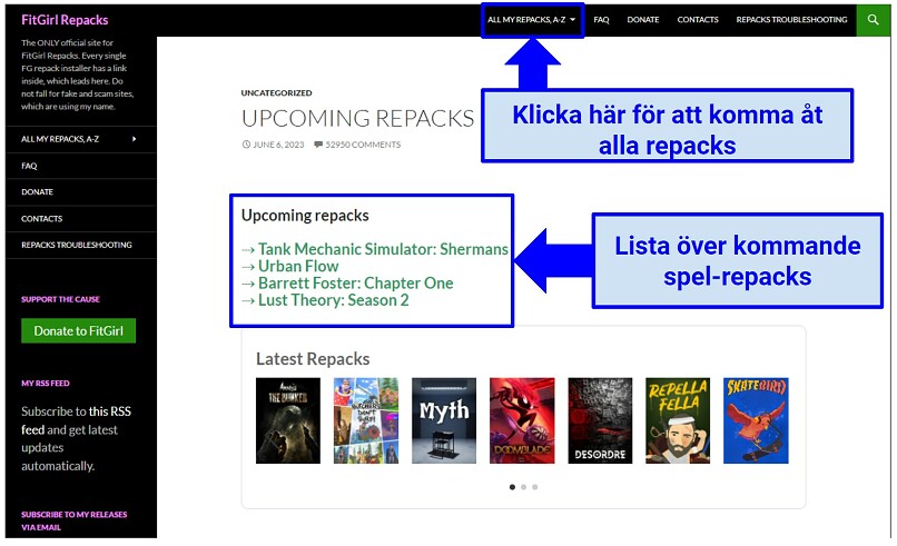 Screenshot showing FitGirl Repacks website displaying upcoming repacks