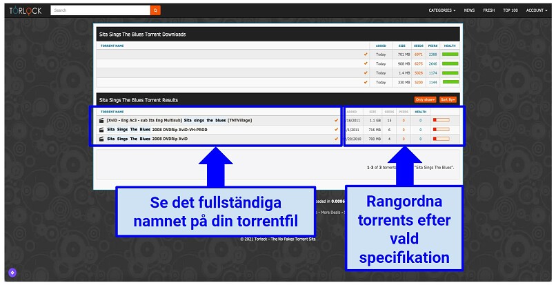Screenshot of Torlock's interce showing torrenting files and their ranking