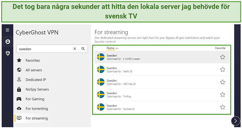 A screenshot of the Swedish TV servers in CyberGhost's app.