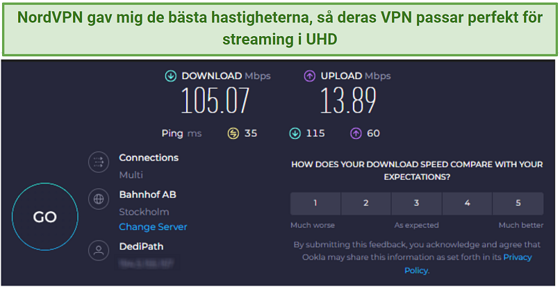 A screenshot showing NordVPN's speed test results on a local server in Sweden.