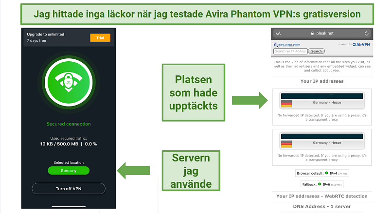 Screenshot of Avira Phantom VPN's iOS app