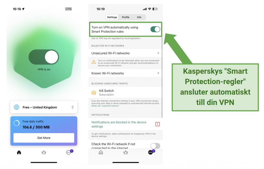Screenshot of Kaspersky's iOS app and Smart Protection feature