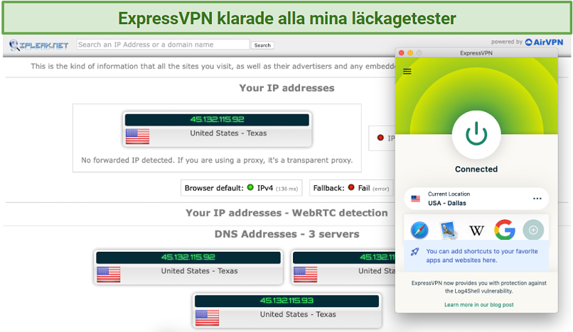 Screenshot of leak tests done on ipleak.net while connected to ExpressVPN