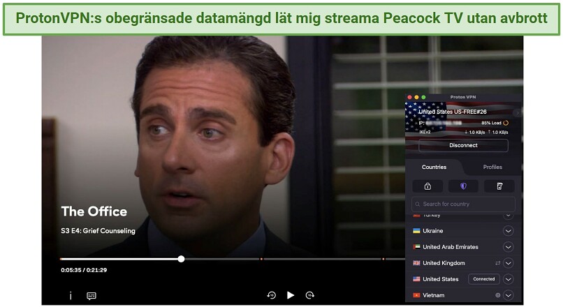 Screenshot showing ProtonVPN's free US server unblocking Peacock TV
