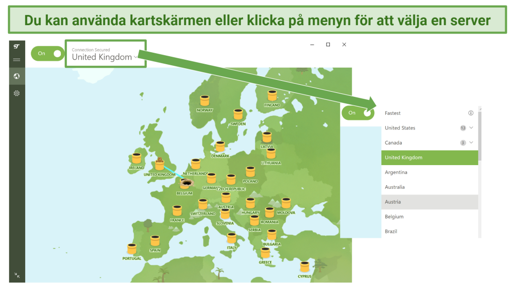 Screenshot showing TunnelBear Free VPN user interface and how to select server locations