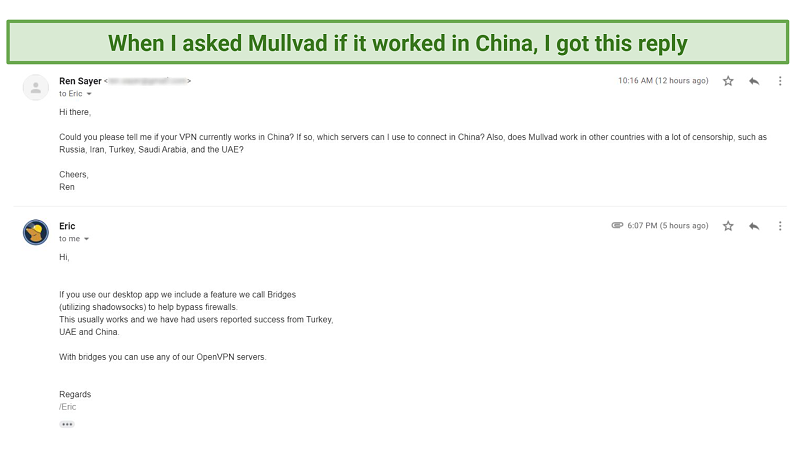 Graphic showing Mullvad email about China