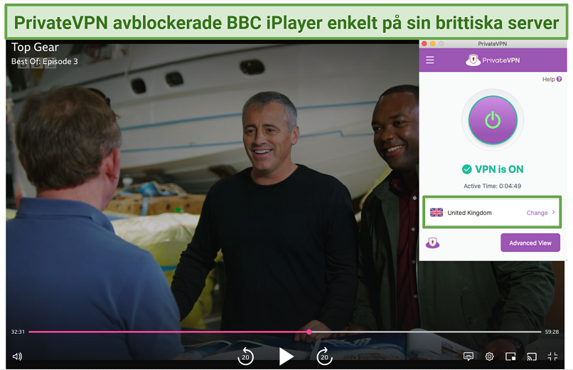 Screenshot of watching Top Gear on BBC iPlayer using PrivateVPN's UK server