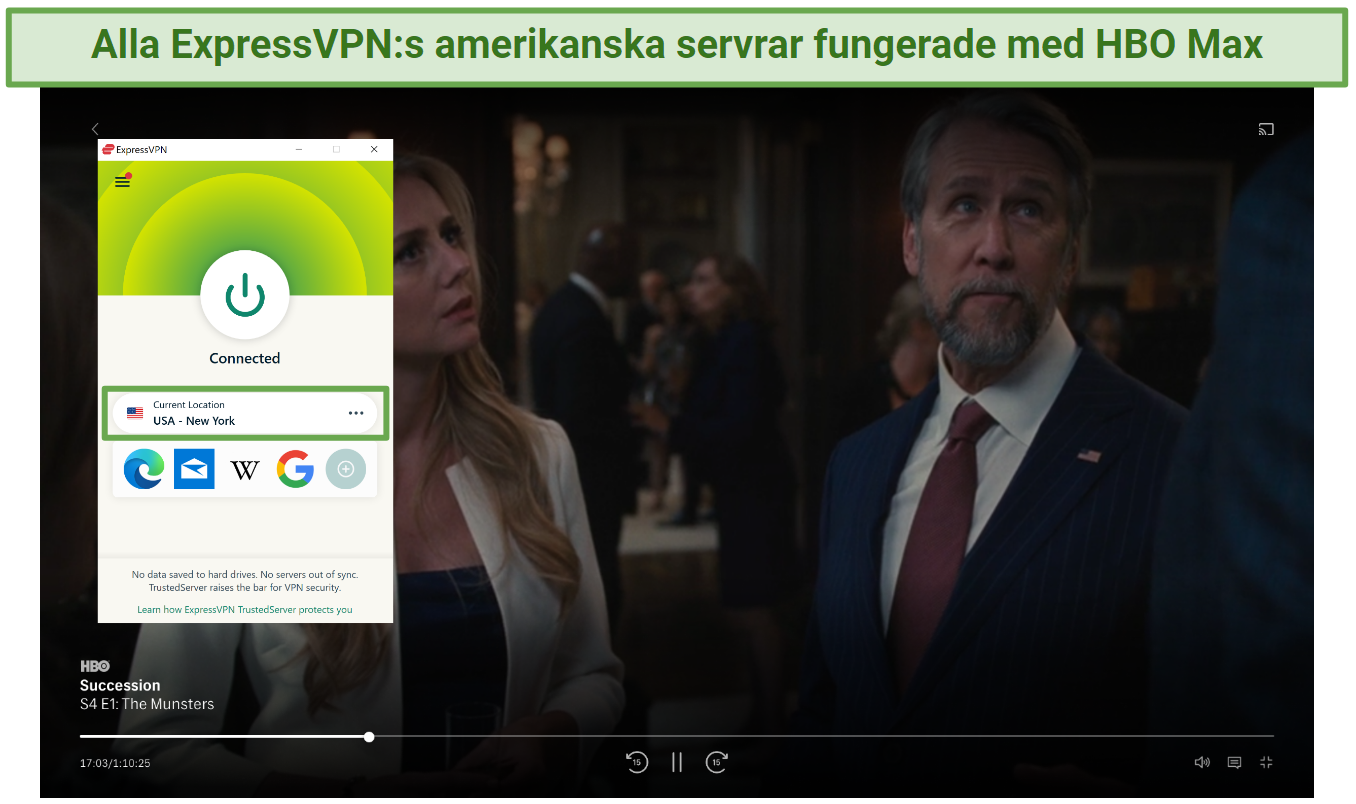 Screenshot of ExpressVPN US servers working to unblock HBO Max