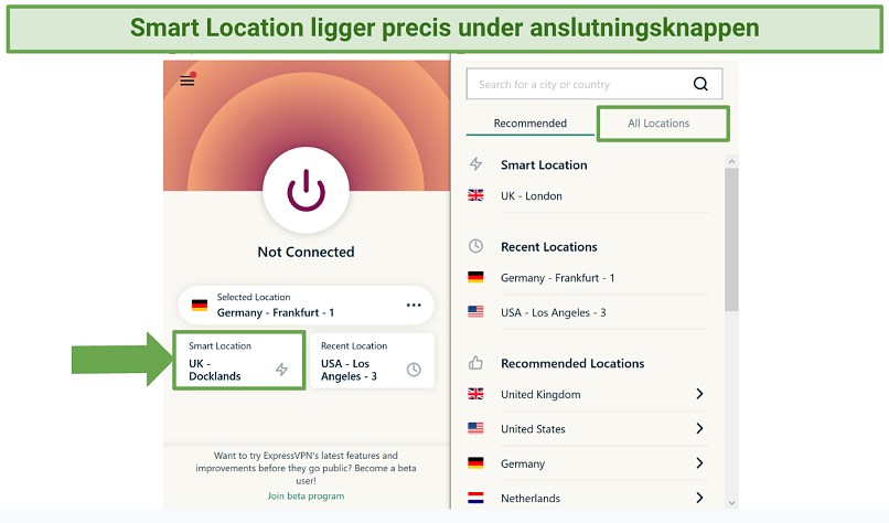 Screenshot of ExpressVPN's Windows app highlighting the Smart Location feature
