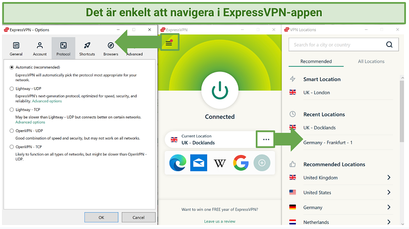 Screenshot of ExpressVPN Windows app showing the home screen, server list, and options page