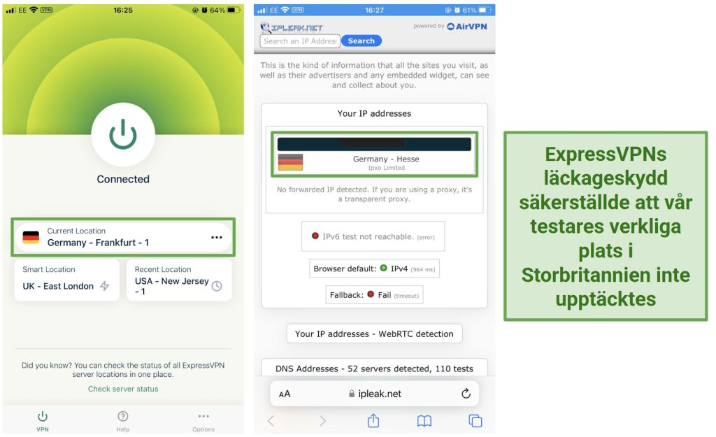 Screenshot of ExpressVPN leak tests connected to German server