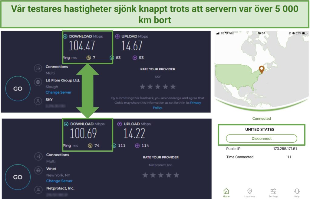 Screenshot of IPVanish's speed tests on long-distance servers in New York