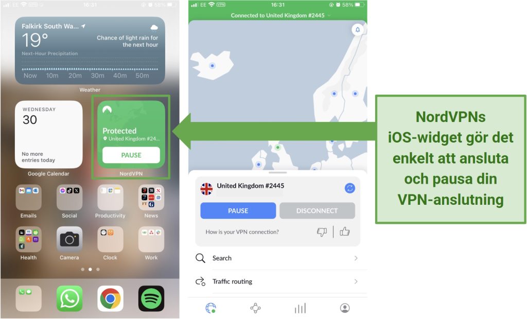 Screenshot of NordVPN's iOS widget