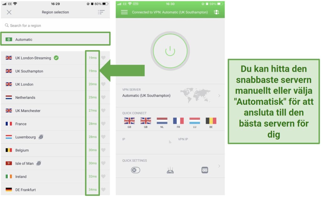 Screenshot of PIA's iOS app showing the latency of each server