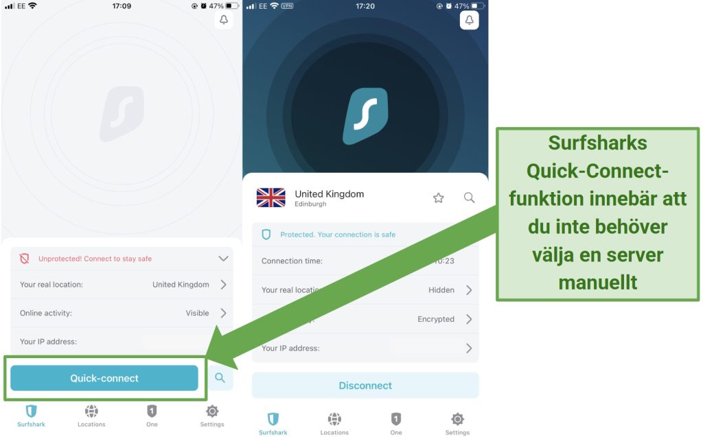 Screenshot of Surfshark's iOS app highlighting the Quick-connect feature