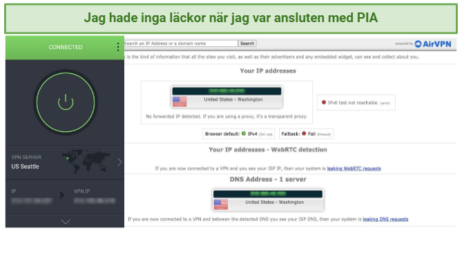 Screenshot of leak tests while using PIA