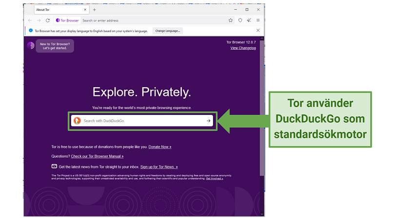Screenshot of the Tor browser homepage showing DuckDuckGo as the default search engine