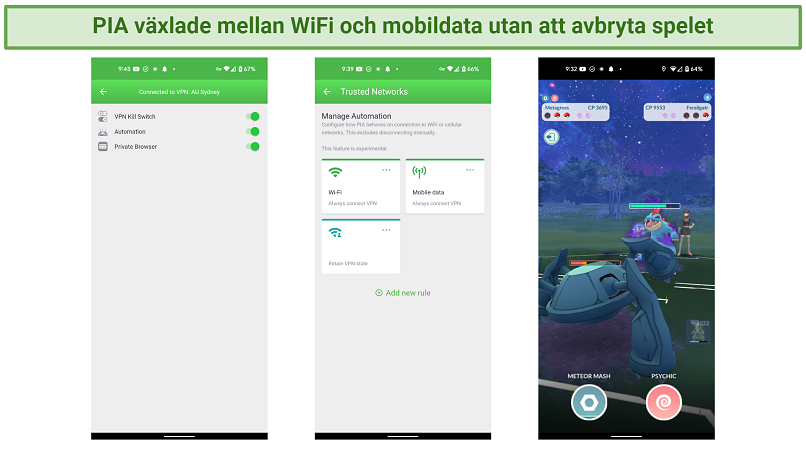 Screenshots of an Android with the PIA app and its security features and network automation screens, and playing Pokémon GO
