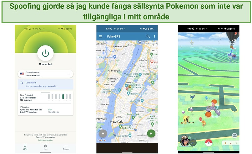 A screenshot showing a Pokemon GO gameplay with location spoofed on Android