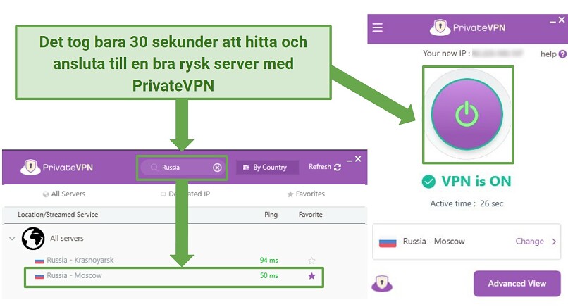 Screenshot showing how to connect to a Russian PrivateVPN server