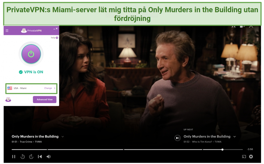 Screenshot of PrivateVPN's US servers unblocking Hulu