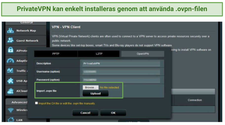 Screenshot of installing PrivateVPN on the Asus router