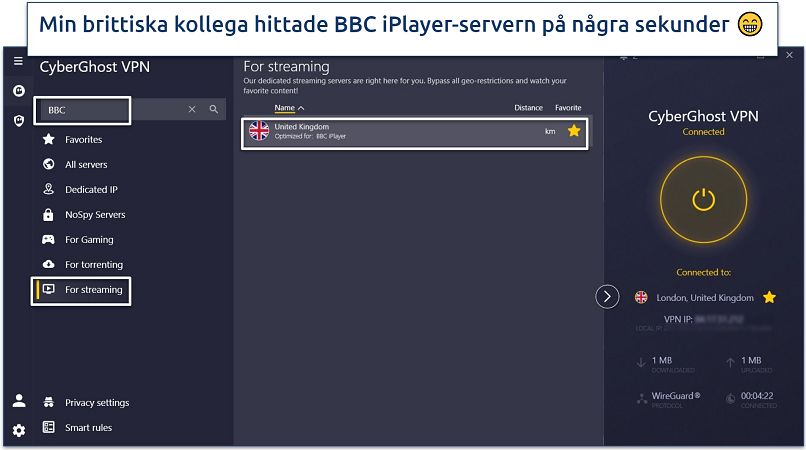 A screenshot of CyberGhost's Windows app while connected to its UK BBC iPlayer server.