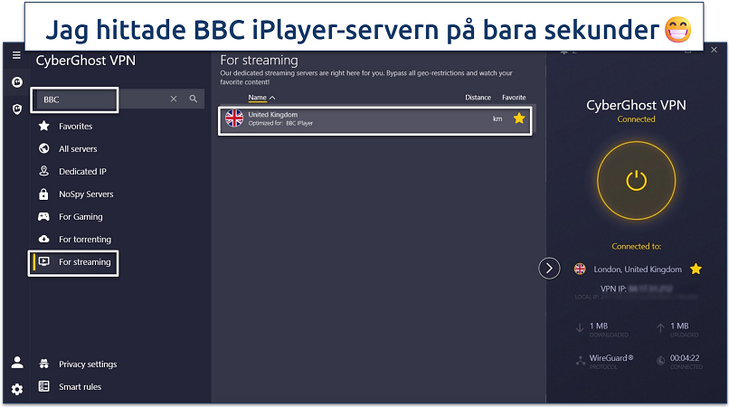 A screenshot of CyberGhost's Windows app while connected to its UK BBC iPlayer server.
