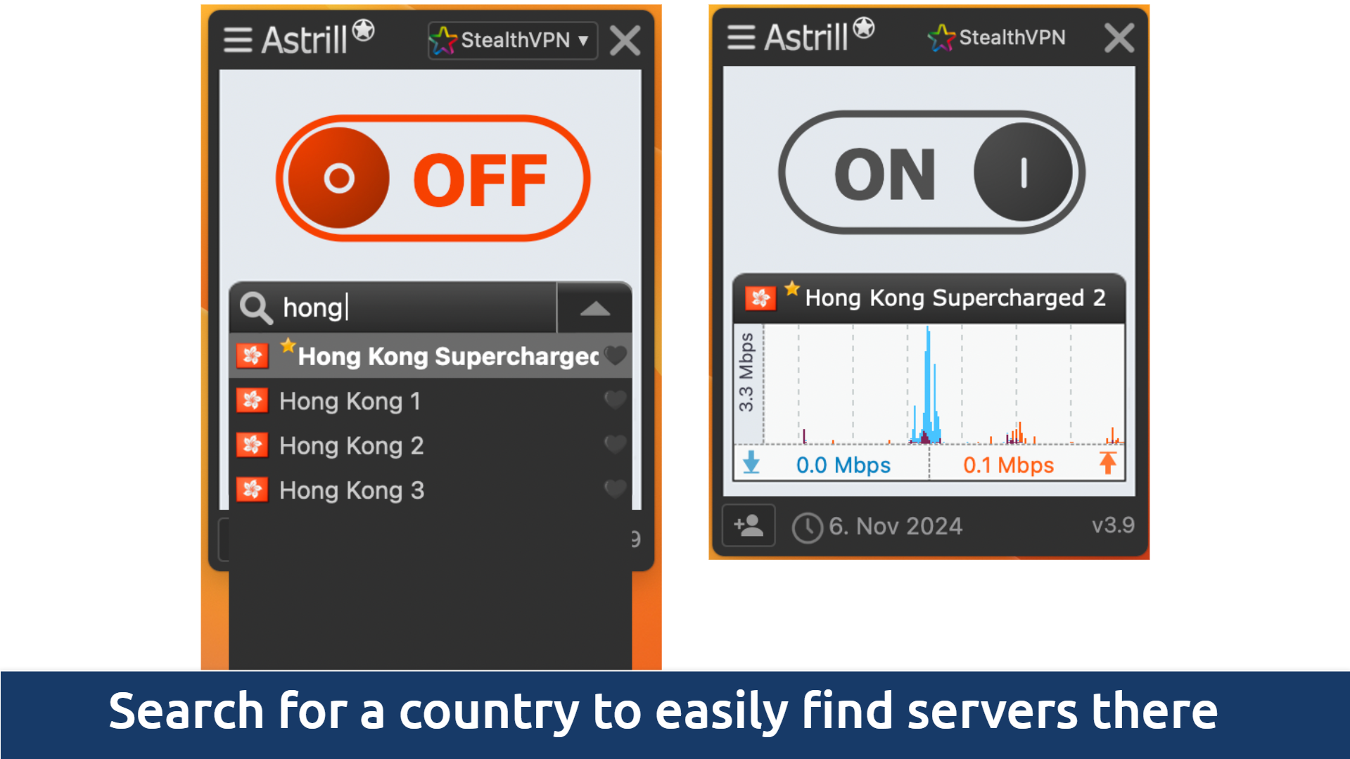 Screenshot of Astrill VPN app connected to Hong Kong server