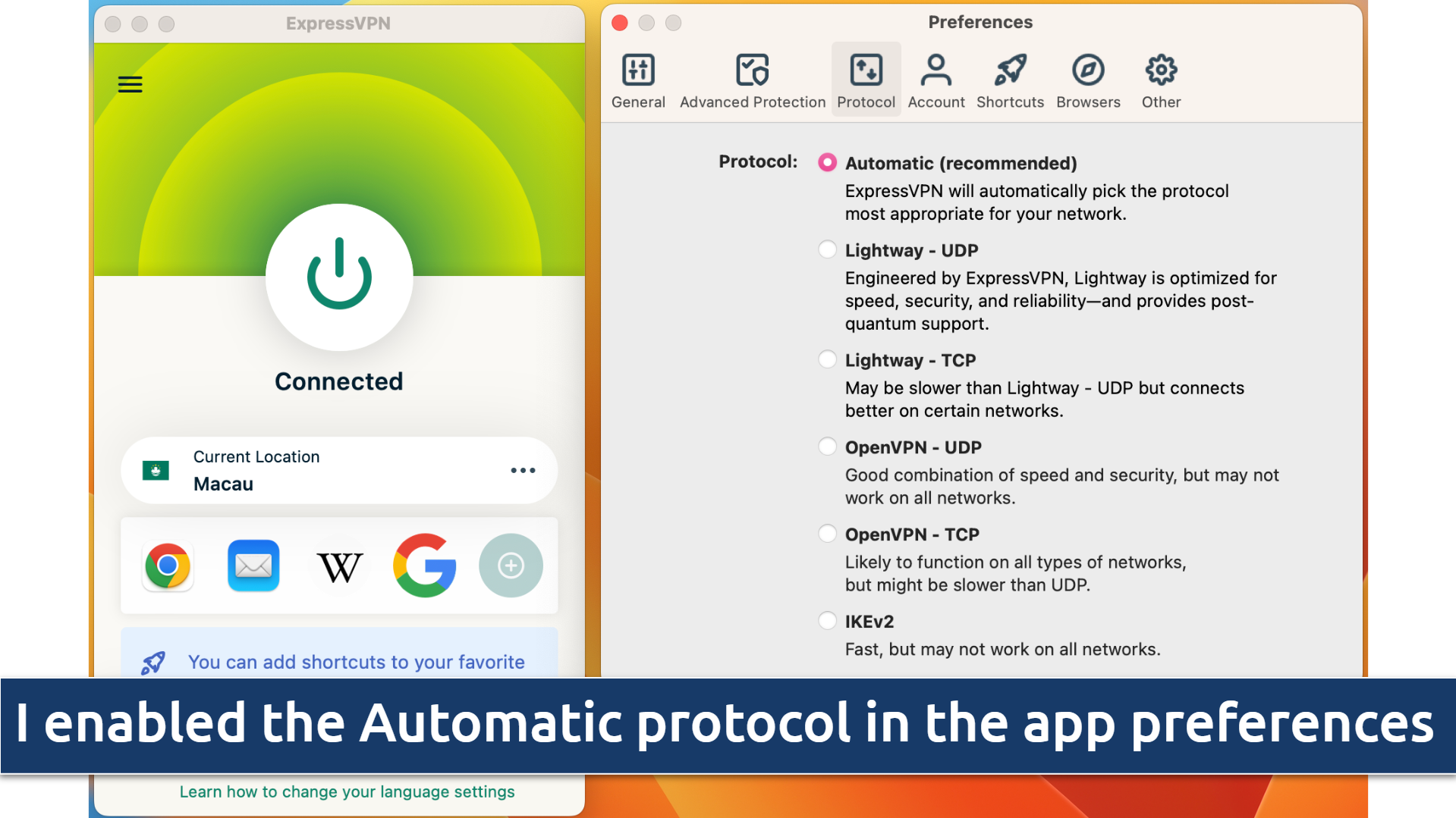 Screenshot of ExpressVPN app settings with Automatic protocol chosen