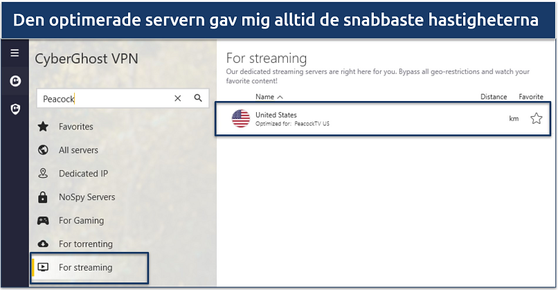A screenshot of CyberGhost's app showing the optimized server for Peacock TV