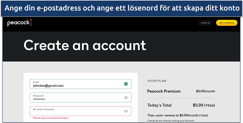 Screenshot of Peacock TV web page showing the create an account page