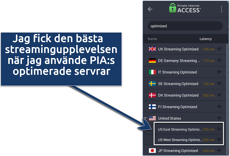 Screenshots of PIA server list showing the servers optimized for streaming