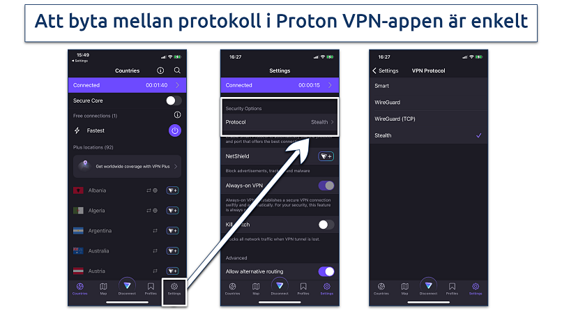 Screenshot of the VPN protocol list in the Proton VPN app