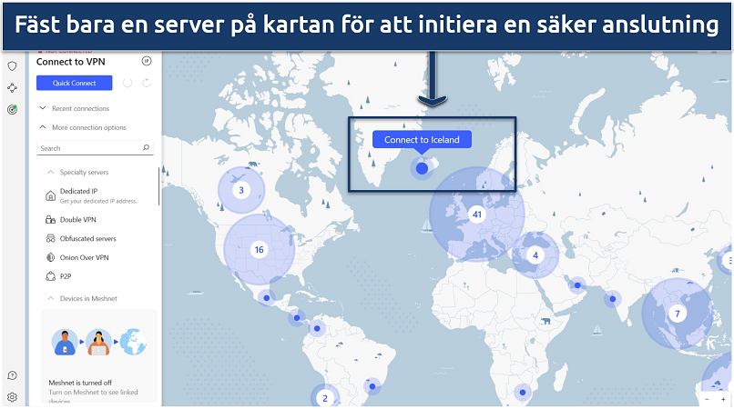 A screenshot showing NordVPN's user-friendly interface that features an intuitive map for easy server selection