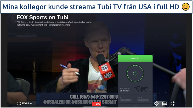 A screenshot of Tubi TV live FOX Sports while connected to Private Internet Access's US server