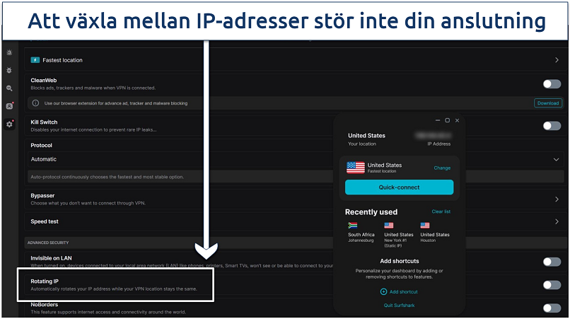 A screenshot showing Surfshark's Rotating IP feature that refreshes IP addresses every few minutes