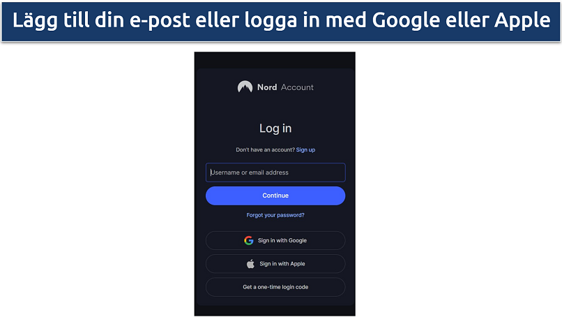 Bild som visar hur man fortsätter till NordVPNs inloggningssida