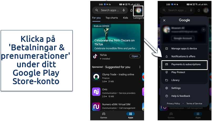 Image showing how to access the Payments & subscriptions options in the Google Play Store