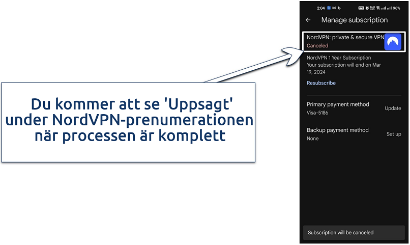 Image showing that NordVPN's subscription is canceled