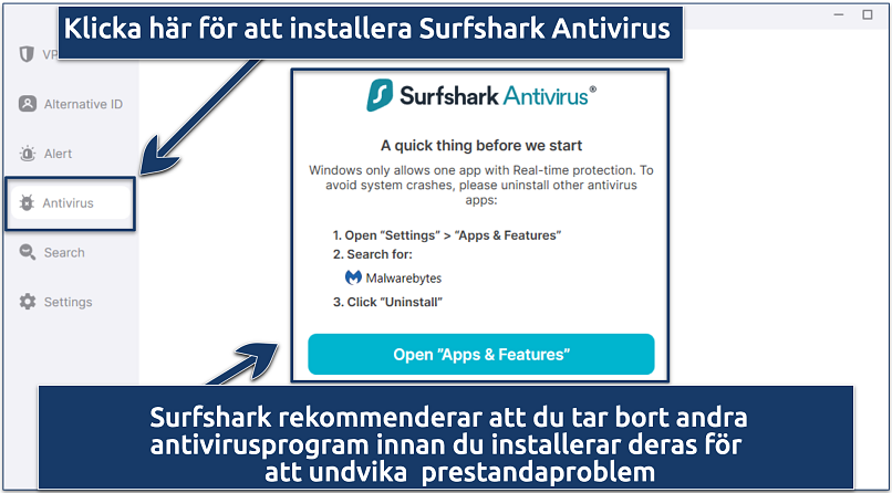 A screenshot showing the initial button to click to begin the Surfshark Antivirus installation process, along with the necessary prerequisites