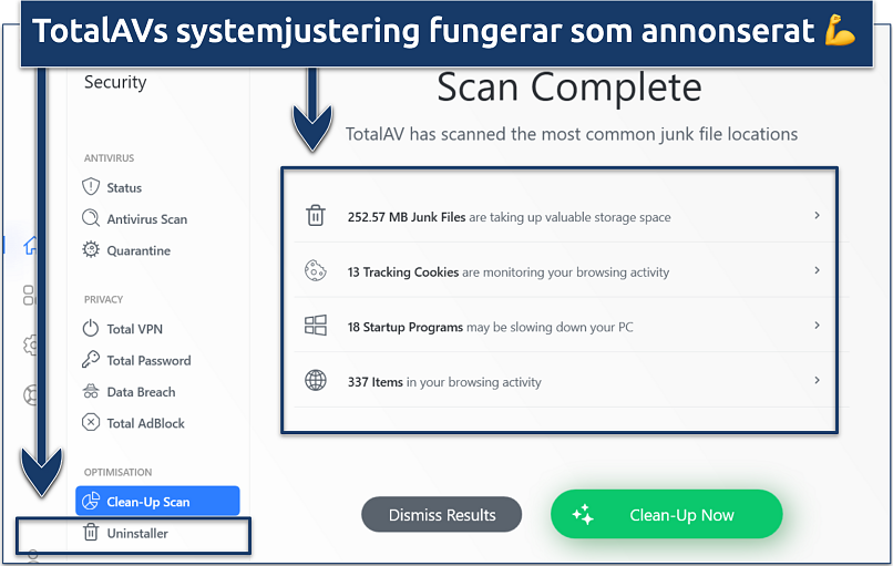 A screenshot showing that TotalAV's optimization tools work as advertised