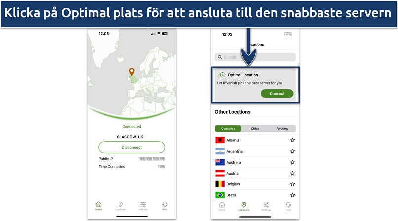 Screenshot of IPVanish's iOS app showing connection page and server list