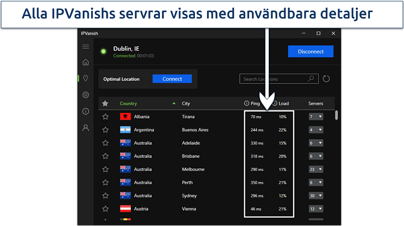 Screenshot of IPVanish's Windows app highlighting he server list