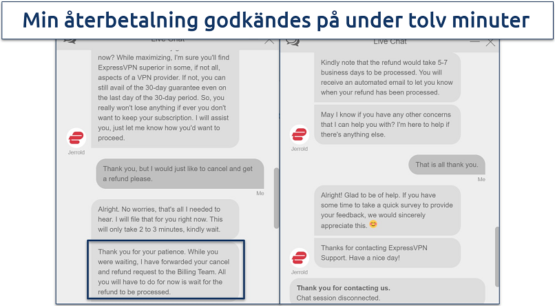 Screenshot of a conversation with ExpressVPN customer support where they approved our cancellation and refund