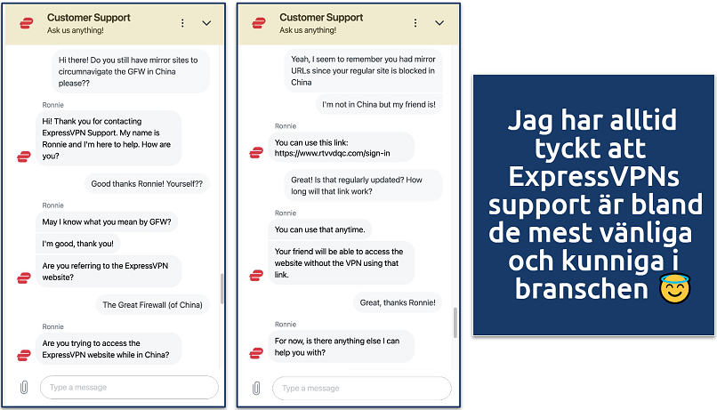 Screenshot showing a chat with the ExpressVPN customer service