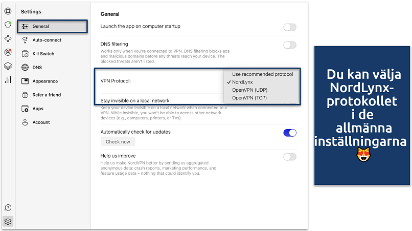 Screenshot of the NordVPN General Settings