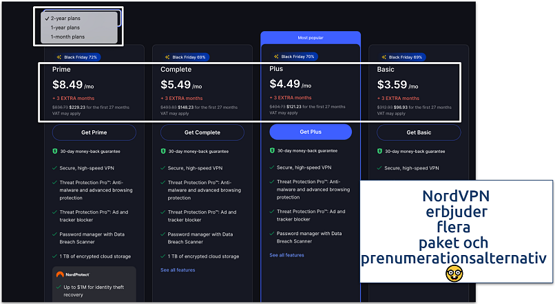 Screenshot of the NordVPN plans and prices