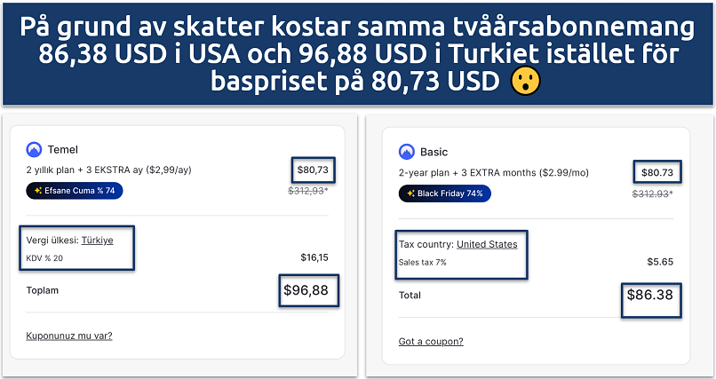 Screenshot of the NordVPN tax comparison in Turkey and the US