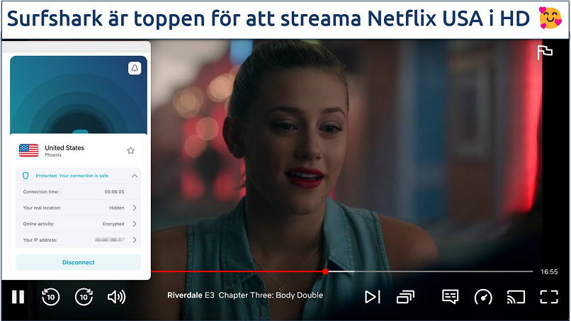 En skärmbild av Netflix-streaming med Surfshark ansluten till en amerikansk server